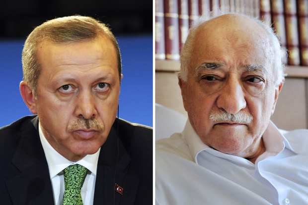 A combination of a file picture and a handout file picture made on March 28, 2014 shows Turkey's Prime Minister Recep Tayyip Erdogan (L) giving a press conference in Brussels on January 21, 2014, and a handout picture released by Zaman Daily shows exiled Turkish Muslim preacher Fethullah Gulen (R) at his residence on September 24, 2013 in Saylorsburg, Pennsylvania. Erdogan and Gulen were once close allies who transformed a political landscape that had for decades been the domain of secularists and coup-happy generals. Today Erdogan's declared nemesis is the moustachioed 73-year-old imam Fethullah Gulen, a Muslim cleric he accuses of running a parallel "deep state" from faraway rural Pennsylvania. Embroiled in political turmoil and out on the campaign trail ahead of Turkey's March 30, 2014 local elections, Erdogan has declared war on a shadowy enemy and vowed to "liquidate" his foes. AFP PHOTO / THIERRY CHARLIER / ZAMAN DAILY / SELAHATTIN SEVI  = RESTRICTED TO EDITORIAL USE - MANDATORY CREDIT "AFP PHOTO/ZAMAN DAILY/SELAHATTIN SEVI" - NO MARKETING NO ADVERTISING CAMPAIGNS - DISTRIBUTED AS A SERVICE = / AFP PHOTO / AFP / ZAMAN DAILY / THIERRY CHARLIER AND SELAHATTIN SEVI